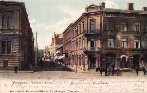 Kauppakatua ja Sandbergin talo - vanha Tampere-postikortti v. 1903 
