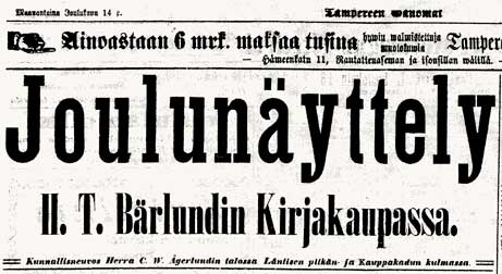 Kirjakauppa H.T. Bärlundin ilmoitus joulunäyttelystä, Tampereen Sanomat nro 145, 14.12.1896