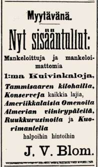 Kauppias J.V. Blomin lehti-ilmoitus, Tampereen Sanomat nro 146, 16.12.1896