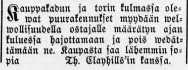 Apteekkari Thomas Clayhillsin ilmoitus Tampereen Sanomissa 28.1.1880