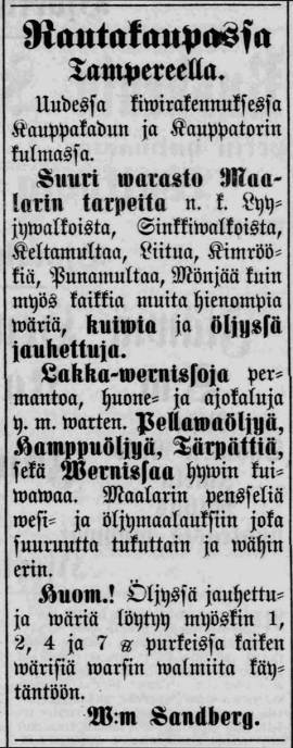 Rautakauppias Wilhelm Sanbergin myynti-ilmoitus Aamulehdessä 5.5.1883