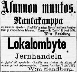 Rautakauppias Wilhelm Sandbergin muuttoilmoitus Tampereen Sanomissa 20.5.1882
