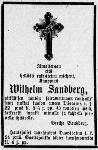 Wilhelm Sandbergin kuolinilmoitus Tampereen Sanomissa 23.3.1887
