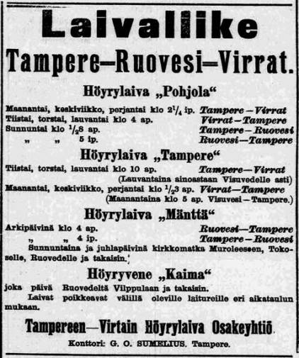 Laivaliike Tampere-Ruovesi-Virrat - ilmoitus, Aamulehti nro 131 08.06.1905