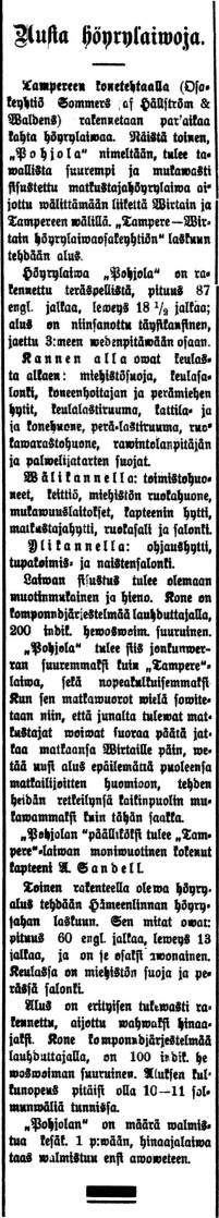 "Uusia höyrylaiwoja" - uutinen rakennettavasta Pohjola-laivasta Tampereen Konetehtaalla, Aamulehti nro 67, 21.3.1905 - klikkaa kuvaa suuremmaksi