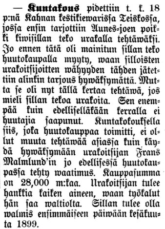 Aamulehti nro 139, 19.6.1898: Teiskon kuntakokous, jossa hyväksyttiin urakkatarjous kivisillan rakentamisesta.